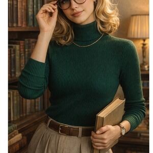 Vintage Hand Loomed Green Ribbed Mock Neck Sweater Back Zip Acrylic Womens M